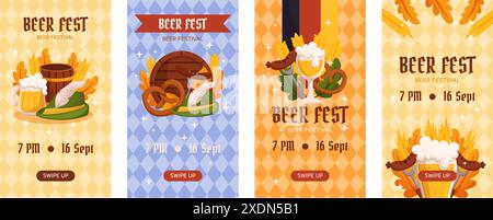 Vorlage zur Sammlung vertikaler Social-Media-Geschichten für Bierfestivals. Design mit Glas Bier, Weizen und Blättern, Bannerband und anderen festlichen Objekten Stock Vektor