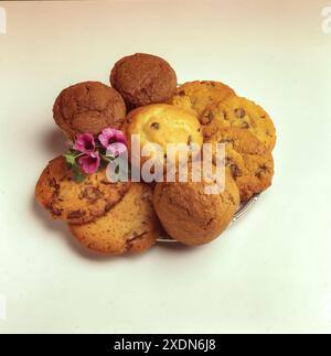 Verschiedene hausgemachte Kekse und Muffins auf einem Teller mit rosa Blumen, Schokoladenchips und einfachen Sorten auf hellem Hintergrund Stockfoto