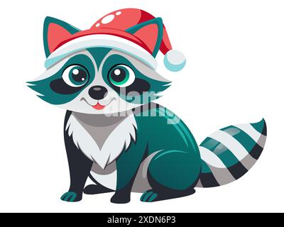 Netter Waschbär im Weihnachtsmann Hut isoliert auf weißem Hintergrund. Entzückender kleiner Waschbär in festlicher Kleidung. Konzept von Feiertagstier, Weihnachtstier, Stock Vektor