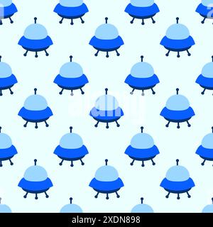 Alien Raumschiff, Raumschiffe und UFO Seamless Pattern. Kosmisches Schiff in Form einer Untertasse für den Transport. Kinderdesign. Vektor-Zeichentrick flach Stock Vektor