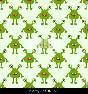 Süßes grünes Alien- oder Monster-Muster. Kinderdesign. Illustration der Vektorabwicklung. Stock Vektor