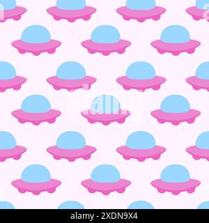 Alien Pink Raumschiff, Raumschiffe und UFO Seamless Pattern. Kosmisches Schiff in Form einer Untertasse für den Transport. Kinderdesign. Vektor-Zeichentrick flach Stock Vektor
