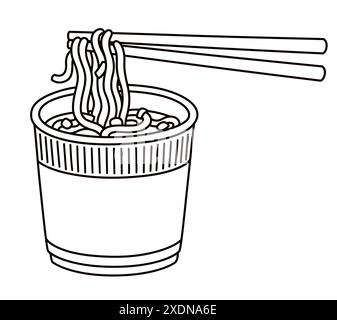 Sofortige Nudelzeichnung, Schwarzweiß-Strichgrafik. Er isst Instant Ramen mit Stäbchen. Illustration des Zeichentrickvektors. Stock Vektor