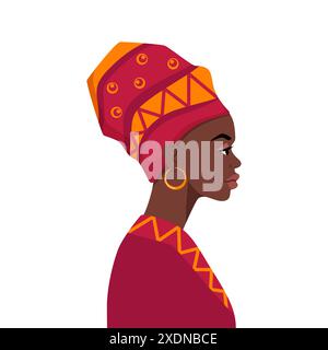 Schwarzhäutige einheimische Frau des afrikanischen Stammes, Seitenporträt. Afrikanisches Aborigine-Mädchen mit traditioneller ethnischer Kleidung. Vektor Stock Vektor