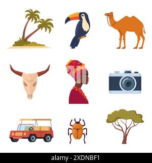 Afrika- und Safari-Elemente und -Symbole. Palme, Tukan, Fotokamera, Afrikanerin, Baum, safari Jeep Vektor Stock Vektor