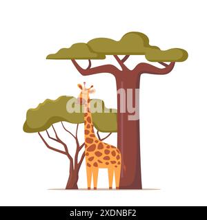 Giraffe im natürlichen Lebensraum. Afrikanische Savannenlandschaft mit Giraffen zwischen Bäumen. Vektor Stock Vektor