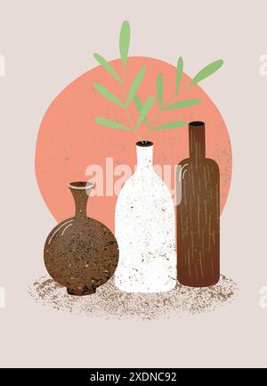 Trendige Grunge-Keramikvasen mit Pflanze. Vase im Boho-Stil. Skandinavische minimalistische Wandkunst. Braun, Terrakotta, Beige, Rosa. Poster zum Wohnen Stock Vektor