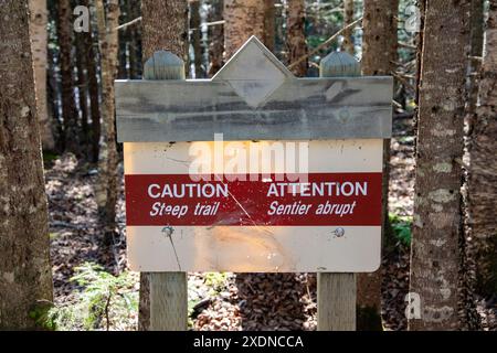 Sicherheitswarnschild für einen steilen Pfad im Hopewell Rocks Provincial Park in Hopewell Cape, New Brunswick, Kanada Stockfoto