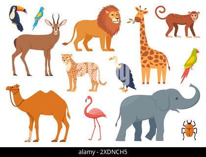 Afrikanische Tiere und Vögel, eine Reihe von Charakteren. Elefant, Giraffe, Kamel, Gepard, Löwe, flamingo, Tukan, Papagei, Geier, Affenwild Tier von AF Stock Vektor