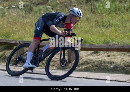 Männlicher Fahrer während der British National Road Cycling Championships in Saltburn by the Sea, Cleveland, England am Sonntag, den 23. Juni 2024. (Bild: Trevor Wilkinson | MI News) Stockfoto