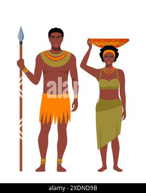 Einheimische schwarzhäutige Frau und Mann des afrikanischen Stammes. Afrikanisches Paar mit traditioneller ethnischer Kleidung und Halskette. Mann mit Speer, Frau mit Vase. Vecto Stock Vektor