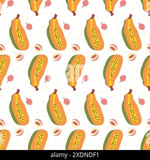Nahtloses Papaya- und Litschi-Muster. Tropische, reife Halbschichten wiederholen den Hintergrund. Vektor handgezeichnet flache Illustration. Stock Vektor