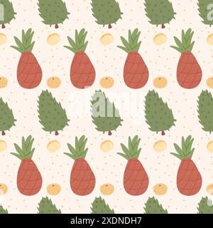 Nahtloses Muster mit tropischen Früchten. Ananas, Longan und Guanabana endloser Hintergrund. Exotic Repeat Cover. Vektor handgezeichnet flache Illustration. Stock Vektor