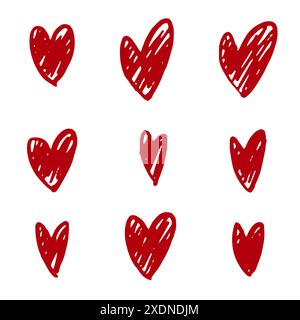 Kritzelset Herzen, Set handgezeichneter Liebesherzen auf weißem Hintergrund. Ein Symbol der Liebe, ein Feiertag der Liebe. Vektorgrafiken Stock Vektor