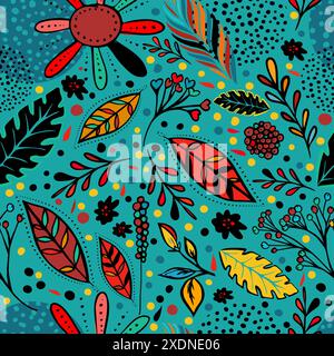 Nahtloser Hintergrund mit dekorativen Blumenelementen. Herbstmuster. Handzeichnung. Nicht AI, Vektorillustration. Stock Vektor