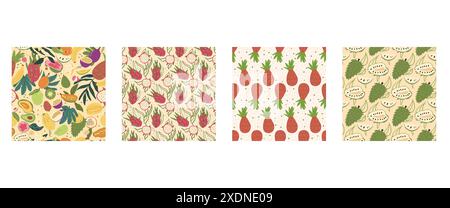 Verschiedene tropische Früchte nahtlose Muster Kollektion. Drachenfrucht, Ananas und Guanabana, endloser Hintergrund. Sommer gesunde Lebensmittel wiederholte Abdeckungen. Stock Vektor