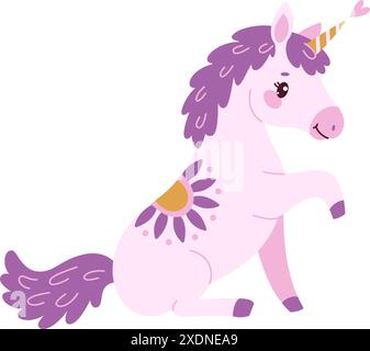 Niedliches, magisches Einhorn aus Lavendel. Romantisches magisches Einhorn sitzend Hand gezeichnet flach Stil isoliert für Grußkarte, Poster, Druck, T-Shirt, Partykonzept, Kinderbücher, Tapeten. Vektorabbildung Stock Vektor