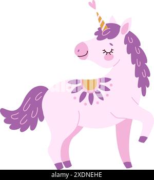Niedliches, magisches Einhorn aus Lavendel. Romantisches magisches Pony Hand gezeichnet flach Stil isoliert für Grußkarte, Poster, Druck, T-Shirt, Partykonzept, Kinderbücher, Tapeten. Vektorabbildung Stock Vektor