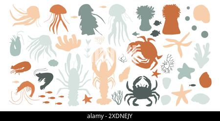 Unterwasser-Silhouetten Leben isoliert auf weißem Hintergrund. Sammlung von Quallen, Meeresanemonen, Hummer, Krabben, Garnelen, Seesterne, Muscheln, Korallen und Stock Vektor