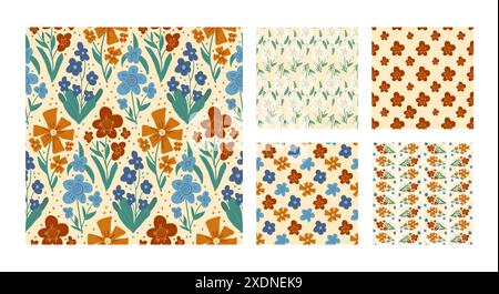 Set mit nahtlosen Mustern im Retro-Look. Kollektion mit endlosem Hintergrund und Blumenmuster. Fliese mit Wildblumen-Ornamenten. Vintage Botanic Repeat Cover. Handgezeichneter Vektor Stock Vektor