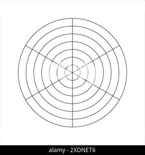 Runddiagramm mit konzentrischen Kreisen, die auf sechs gleiche Segmente aufgeteilt sind. Tortenradardiagramm, Lebensrad oder Habits Tracker-Vorlage isoliert auf weiß Stock Vektor