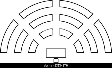 Sitzplan im Auditorium in halbrunder Anordnung. Schema der Sitzplätze im Klassenzimmer, im Vorlesungssaal oder in einer Tagung, Konferenz, Schulung oder Seminarveranstaltung. Schreibtische Stock Vektor