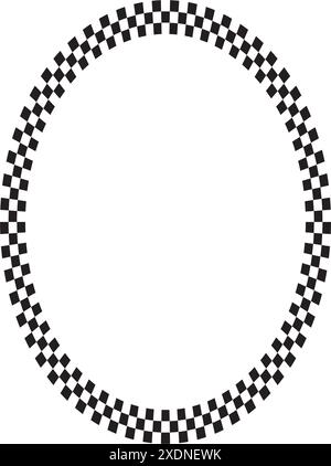 Ovaler Rahmen mit kariertem Schwarz-weiß-Quadrat. Elliptische Vignette mit Schachbrett, Rennflagge oder Schachspiel Flugzeugmuster. Geometrisch Stock Vektor