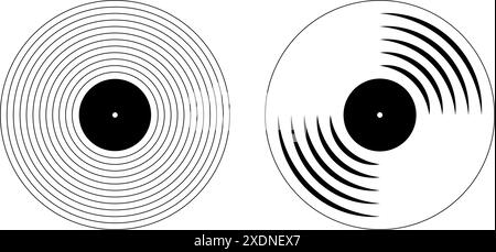 Symbole für Vinylscheiben. Plattenspieler-LP oder Musikplatten mit langer Wiedergabe isoliert auf weißem Hintergrund. DJ- oder Studio-Plattengeräte. 70er 80er 90er Jahre Diskothekennostalgiekonzept. Vektorgrafik. Stock Vektor