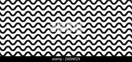 Dicke horizontale Wellenlinien. Schwarzer, paralleler, gewellter Streifenhintergrund. Wiggly, schnörkelloses Muster. Wasser, Fluss oder See, Meer oder Ozean Textur. Einfach Stock Vektor