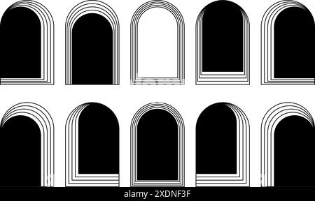 Set aus konzentrischen Bogenrahmen im trendigen y2k-, Art Deco- oder Bohemian-Stil. Geometrische Bogenformen isoliert auf weißem Hintergrund. Portale, Tür- oder Fensterbogen-Silhouetten. Vektorgrafik. Stock Vektor