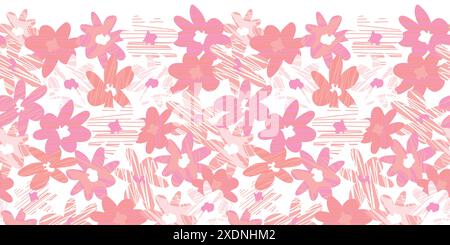 Vektorrosa monochrome Hand gezeichnete abstrakte Blumenformen mit Linienstruktur horizontaler Rand. Geeignet für Karten und Poster. Stock Vektor