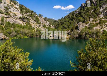 Geburt des Flusses Borosa, Stausee von Aguas Negras, Route des Flusses Borosa, Naturpark sierras von Cazorla, Segura und Las Villas, Jaen, Andalusien, Spanien. Stockfoto