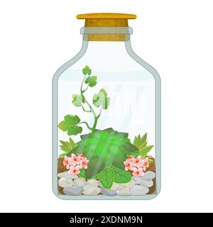 Florarium in Glasgefäß auf weißem Hintergrund. Miniaturgarten in Glasflasche mit Kork. Blumenterrarium mit Sukkulenten, Pflanzen und Blumen. Vektor Stock Vektor