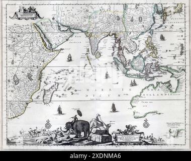 Eine dekorative niederländische Landkarte aus dem späten 17. Jahrhundert von Ostindien und Australien, die die Entdeckungen von Abel Tasmans zwei Reisen (1642–44) enthält. Die Karte erschien erstmals 1697 in Carel Allards Atlas Maior. Diese zweite Karte stammt von seinem Sohn Hugos Abdruck von ca. 1702–1705. Die Karte erstreckt sich über den gesamten Indischen Ozean, vom Kap der Guten Hoffnung bis nach Ostindien, Japan und Australien. Eine dekorative Katouche am unteren Rand der Karte zeigt asiatische Händler, Händler, Elefanten, Kamele und eine einheimische afrikanische Straußenjagd. Enthält Details zu den Entdeckungen des frühen 17. Jahrhunderts in Th Stockfoto