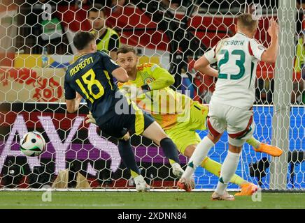 Stuttgart, Deutschland. Juni 2024. Kevin Csoboth (R) aus Ungarn schießt beim Spiel der UEFA Euro 2024 Gruppe A zwischen Schottland und Ungarn in Stuttgart, Deutschland, 23. Juni 2024. Quelle: Philippe Ruiz/Xinhua/Alamy Live News Stockfoto