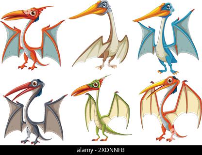 Sechs lebendige Pterodactyl-Illustrationen in verschiedenen Posen Stock Vektor