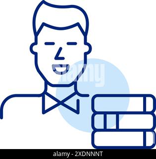 Junger Mann in Hemd und Büchern. Intellektuelle Leser, Online-Bibliothek, Bildung und Stipendien. Symbol für Pixelperfekte, bearbeitbare Kontur Stock Vektor