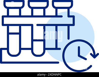 Mit Blut gefüllte Reagenzgläser und Uhr. Zeitgesteuerte Laborverfahren. Dringliche Blutanalyse. Pixelperfekter, bearbeitbarer Kontur Stock Vektor