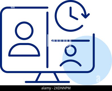 Live-Gruppen-Videokonferenz und Uhr auf dem Computermonitor. Planen Sie ein virtuelles Meeting oder eine Online-Lektion. Symbol für Pixelperfekte, bearbeitbare Kontur Stock Vektor