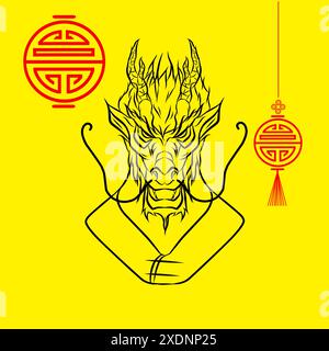 Frohes Chinesisches Neujahr. Drachen-Zeichentrickset mit traditioneller chinesischer Tracht. Das Jahr des Tierkreisvektors Stock Vektor