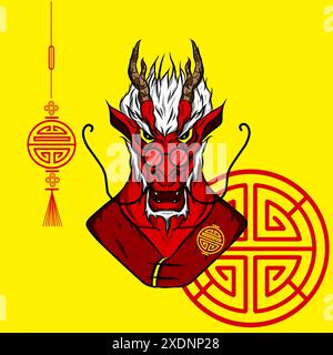 Frohes Chinesisches Neujahr. Drachen-Zeichentrickset mit traditioneller chinesischer Tracht. Das Jahr des Tierkreisvektors Stock Vektor