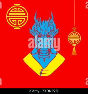 Frohes Chinesisches Neujahr. Drachen-Zeichentrickset mit traditioneller chinesischer Tracht. Das Jahr des Tierkreisvektors Stock Vektor