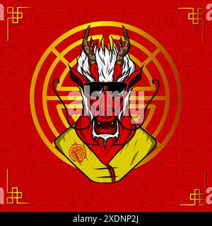 Frohes Chinesisches Neujahr. Drachen-Zeichentrickset mit traditioneller chinesischer Tracht. Das Jahr des Tierkreisvektors Stock Vektor