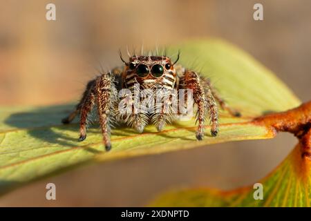 Eine springende Spinne (Familie Salticidae), die auf einem Blatt sitzt, Südafrika Stockfoto