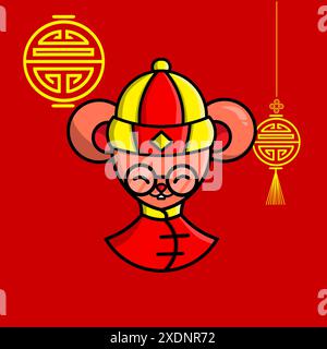 Frohes Chinesisches Neujahr. Niedliches Maus-Set mit traditioneller chinesischer Tracht. Das Jahr des Rattenvektors Stock Vektor