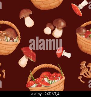 Nahtloses Waldmuster. Ernte verschiedener Pilze. Körbe gefüllt mit Waldschätzen. Essbare Penny Brötchen und leckere Stachelpilze. Dunkel Stockfoto