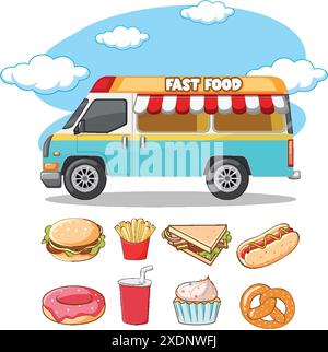 Food Truck mit verschiedenen Fast-Food-Artikeln Stock Vektor