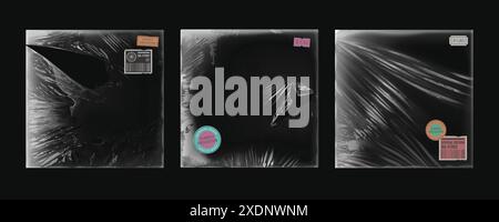 Zerrissene Plastikfolien Set für Musikalbum isoliert auf schwarzem Hintergrund. Vektor-realistische Illustration von beschädigten Polyethylen-Paket-Mockups mit faltiger Oberfläche, Preisaufklebern, Vintage-Effekt Stock Vektor