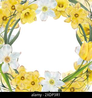 Der runde Blumenrahmen mit gelben und weißen Blüten, ideal für Frühling und Sommer, verleiht natürliche Schönheit. Isoliertes Objekt auf weißem Hintergrund für die Gestaltung einer Broschüre, eines Flyers, eines E-Pakets, eines Etiketts oder einer Werbung. Digitale Kunst. Stockfoto