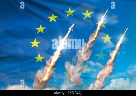 Start von Nuklearraketen der Europäischen Union - modernes Konzept strategischer Nuklearraketenwaffen auf blauem Himmel Hintergrund, militärische industrielle 3D-Illustration wi Stockfoto